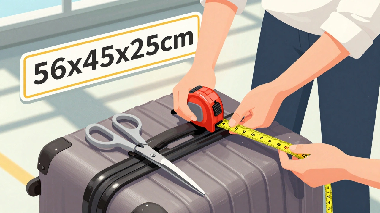 Measuring suitcase size against airline restrictions at airport.