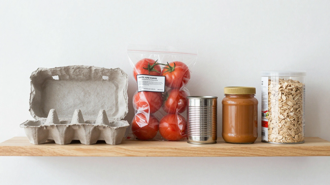 Minimalist shelf of budget ingredients: plain eggs, frozen veggies, canned tomatoes, peanut butter, oats.