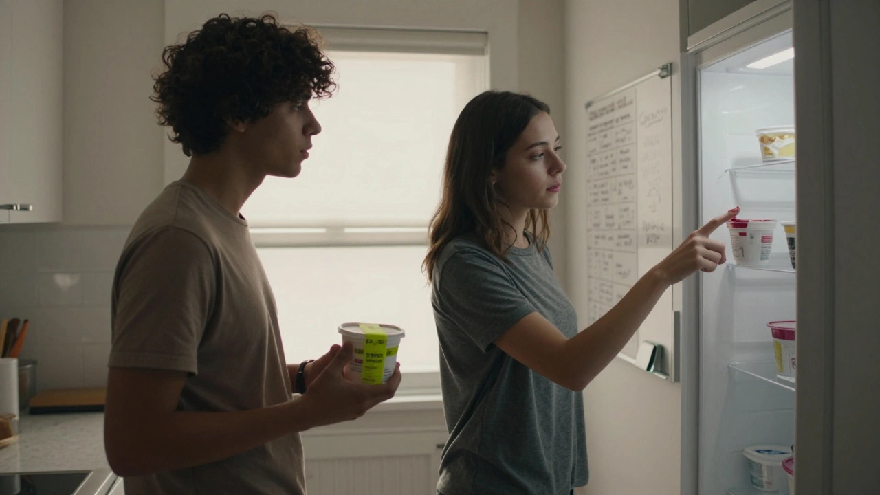 One student points at unlabeled food in the fridge while another holds a clearly labeled container in a shared kitchen.