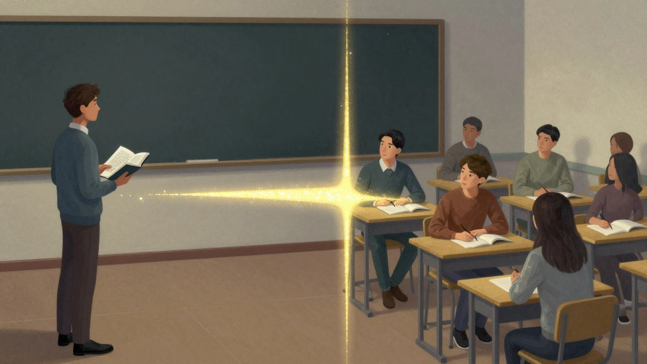 Split image showing solo teaching and group quiz, representing the hybrid study approach.