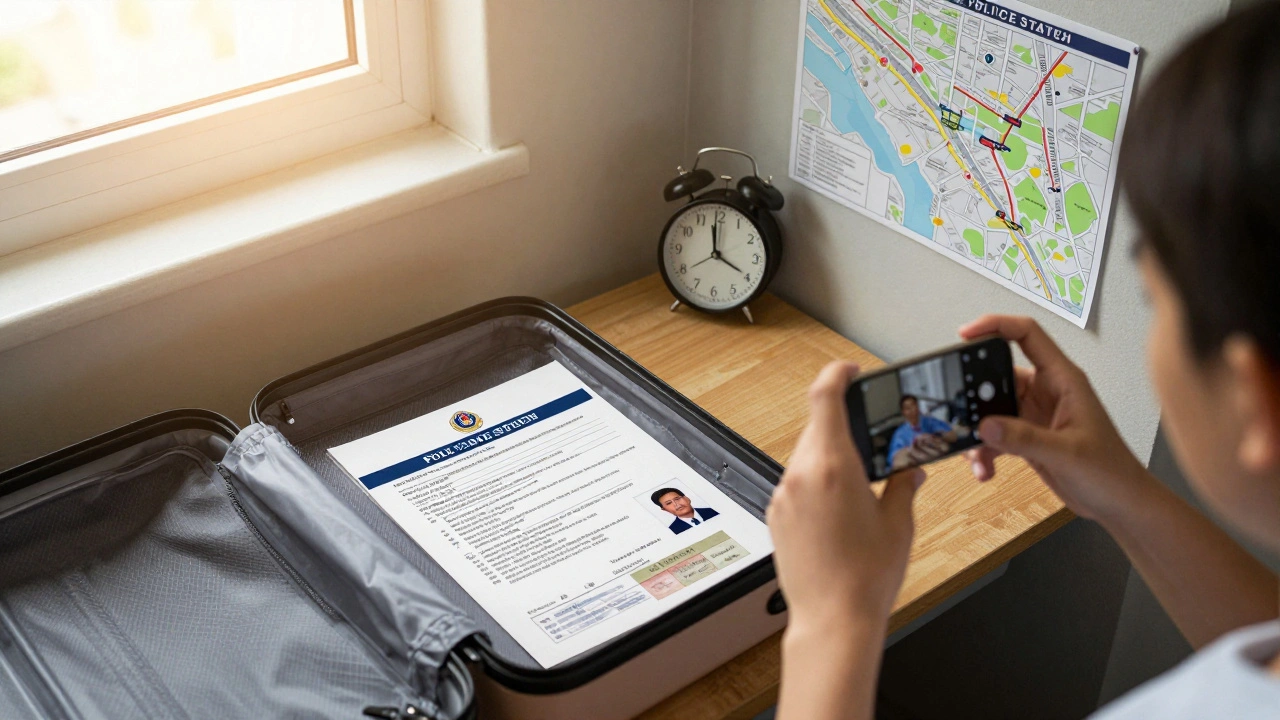 Student preparing for police registration in dorm room with visa document and photo on desk.
