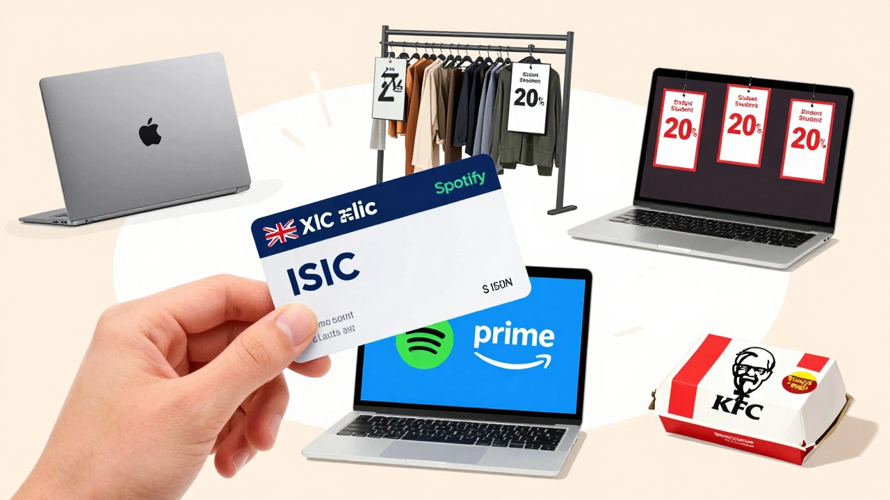 Student using ISIC card for discounts at Apple, Zara, Spotify, and McDonald's in UK.