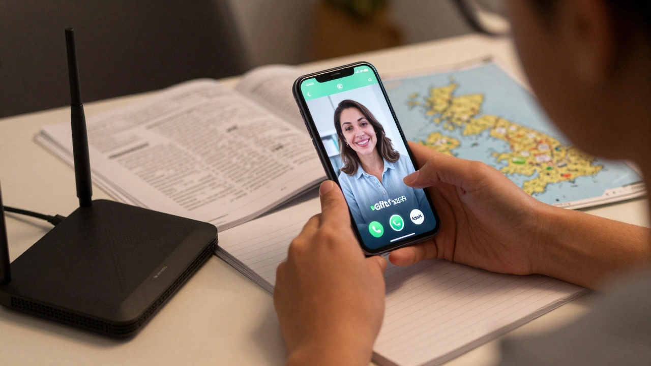 Student video calling home via WhatsApp with Giffgaff SIM and portable Wi-Fi router on desk.