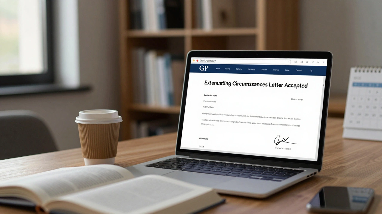 Student viewing an accepted extenuating circumstances letter on their laptop.