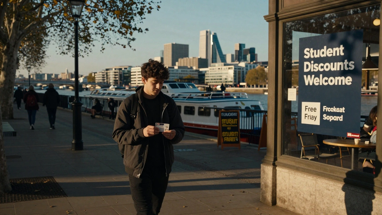 Student walking past museum and riverboat with ISIC card, enjoying student perks in London.
