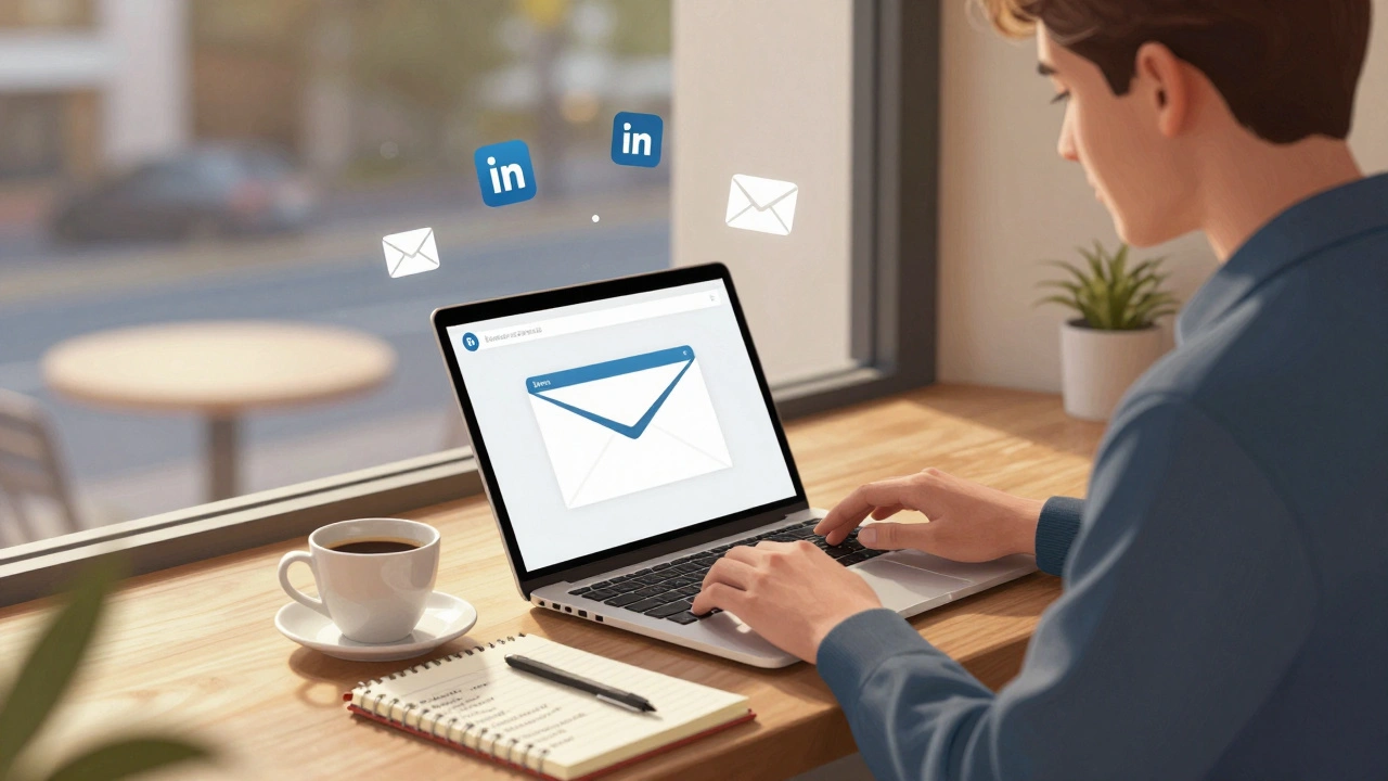 Student writing a follow-up email after a conference in a university café.