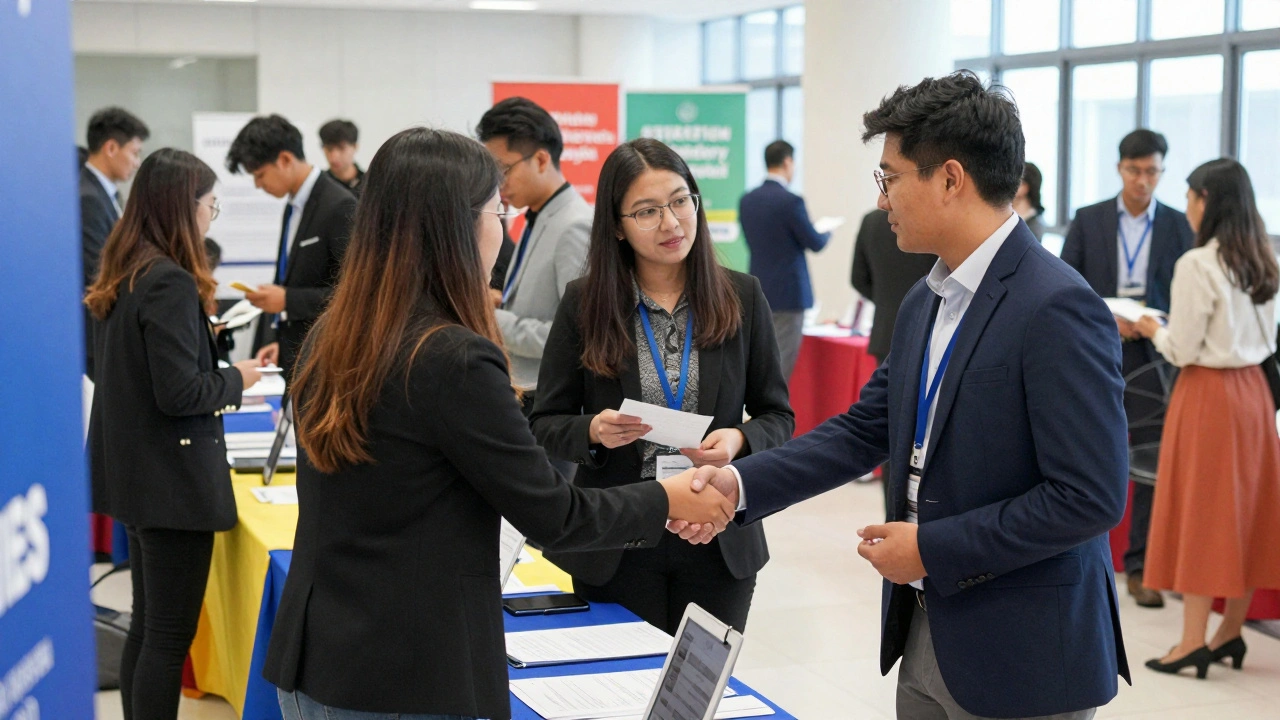 Students networking with employers at university career fair