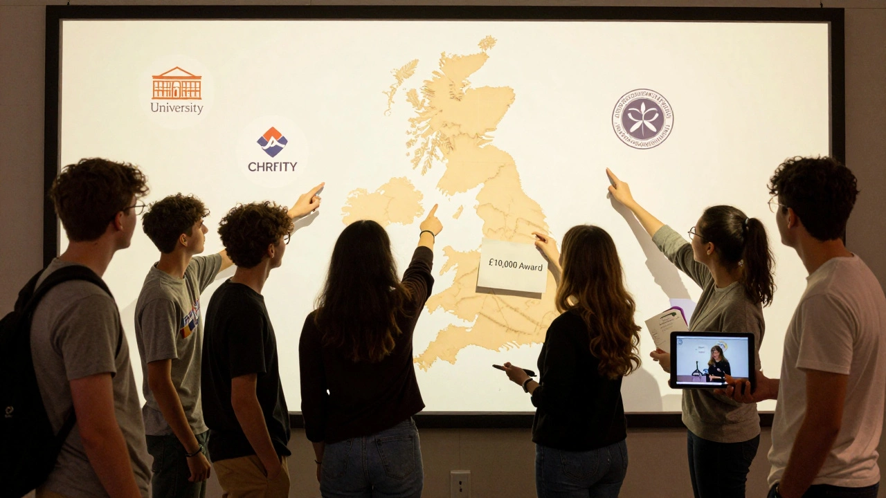 Students pointing to a map showing various scholarship sources like universities, charities, and government funds.