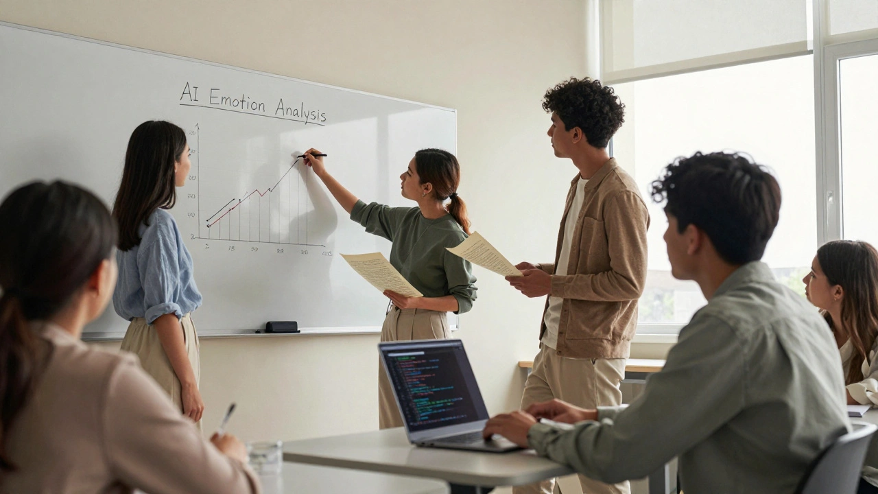 Students working together on a project combining technology and history in a bright classroom.
