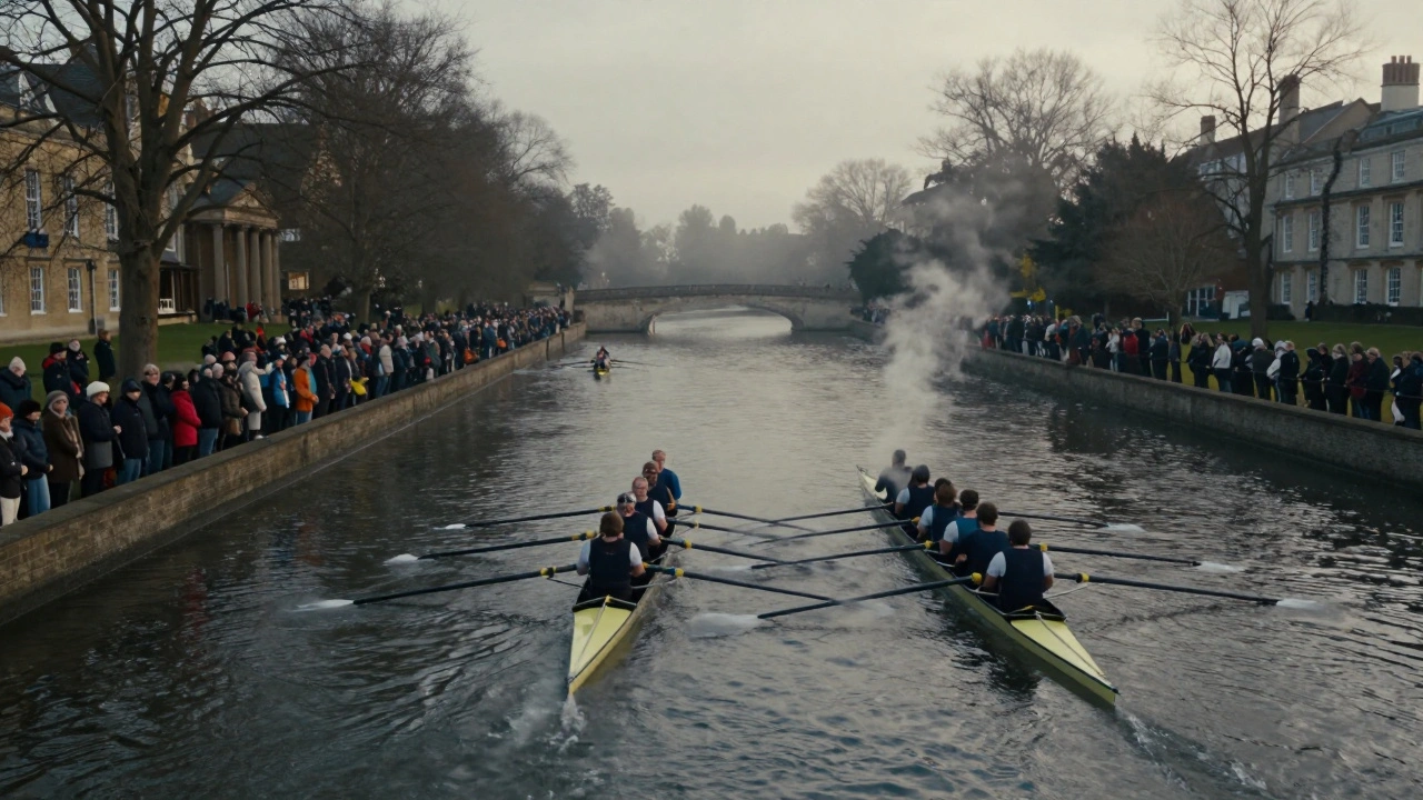 The Oxford vs. Cambridge Boat Race on the Thames, with crowds lining the river and racing shells in motion.