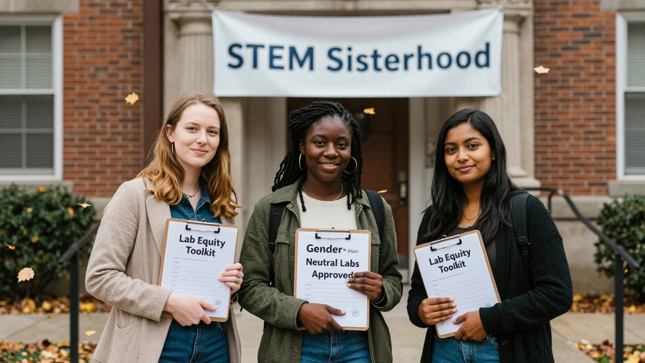 Three diverse women holding the Lab Equity Toolkit outside a university building.