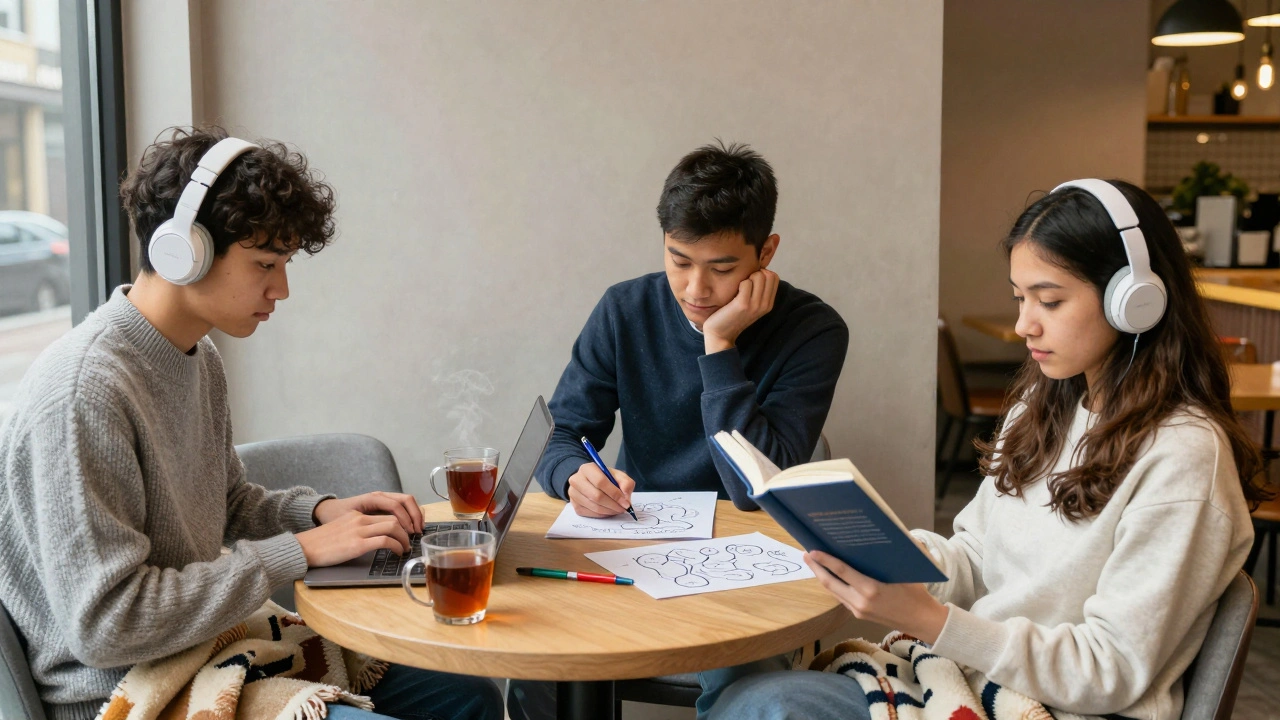 Three neurodivergent students studying together in a campus café, using audio tools, mind maps, and rocking chairs in a calm, supportive environment.