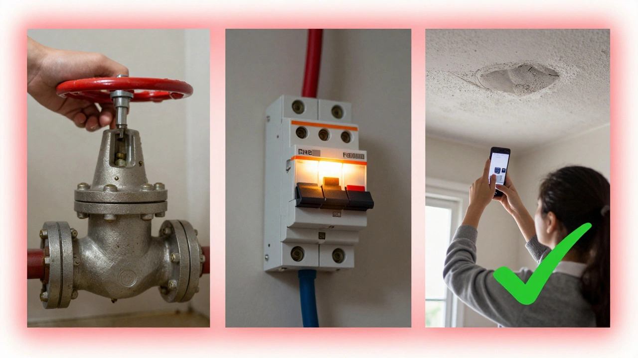 Three scenarios: turning off gas valve, tripped fuse box, and photographing ceiling damp — all in one frame.