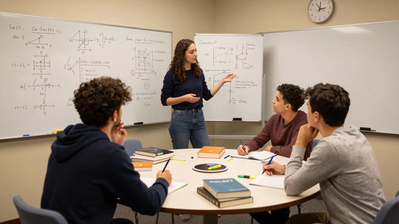 Three students collaborating at a table with whiteboards, discussing study material actively.