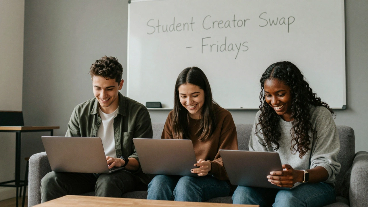 Three students collaborating in a university common room, sharing each other's creator content.