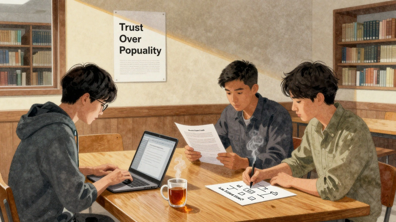 Three students collaborating late at night in a campus library, reviewing a manifesto and planning society improvements.