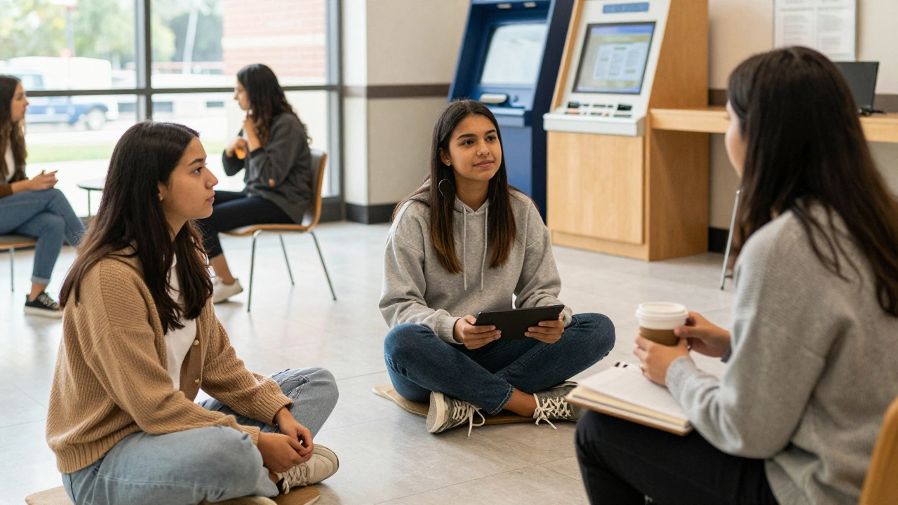 Three students engaging in campus mental health resources: group session, kiosk, and peer chat.