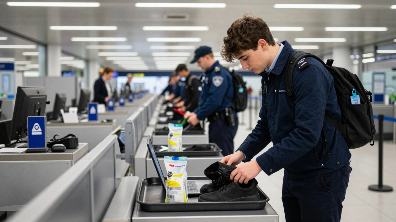 Traveler removing shoes and laptop at airport security checkpoint.