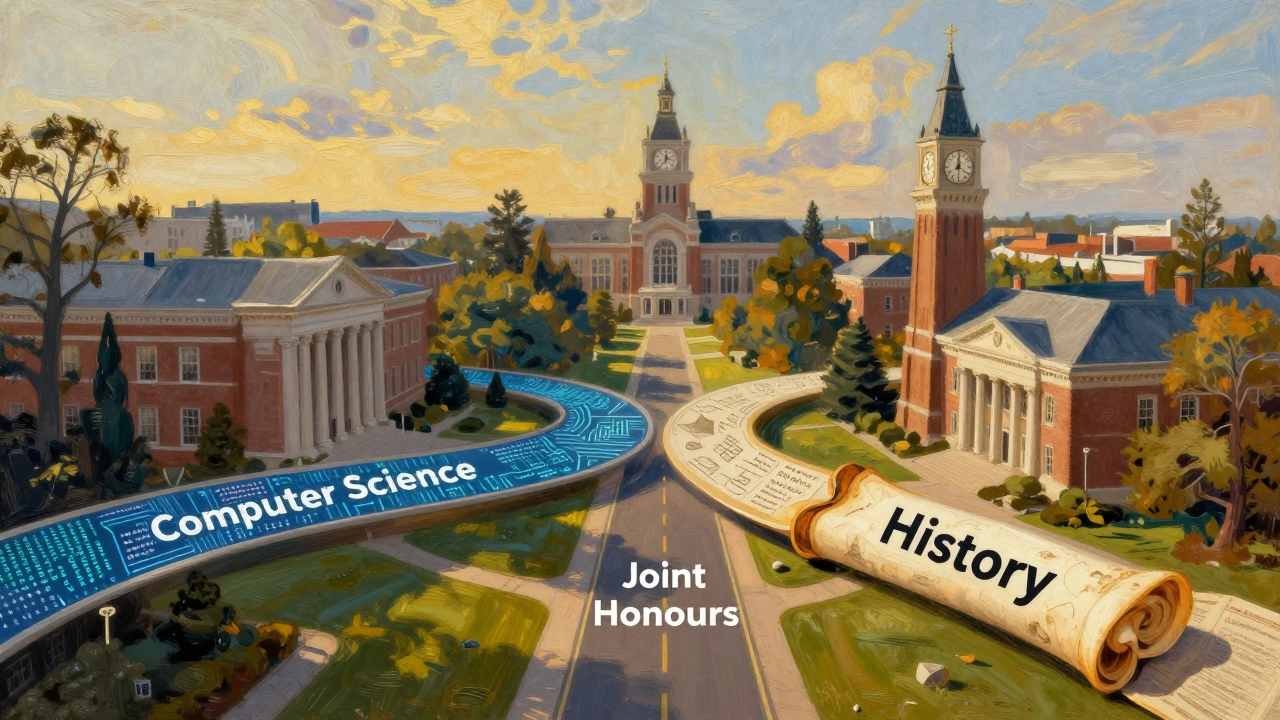 Two academic paths merging into one, symbolizing joint honours degrees on a university campus.