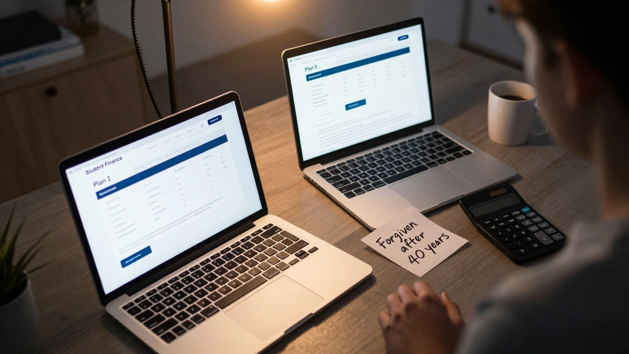 Two laptops side by side comparing Plan 2 and Plan 5 student loan repayment timelines.