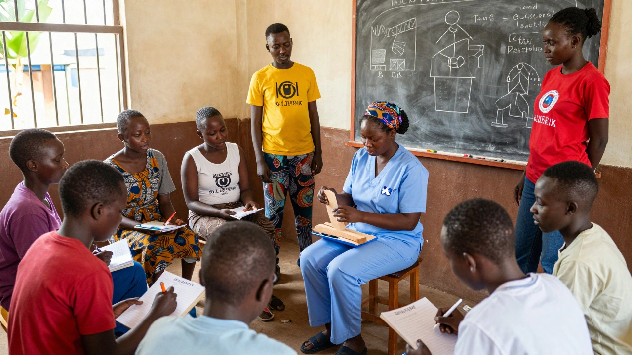 UK students learn maternal care techniques alongside local health workers in Kenya, observing rather than leading, in a simple community center with chalkboard diagrams.