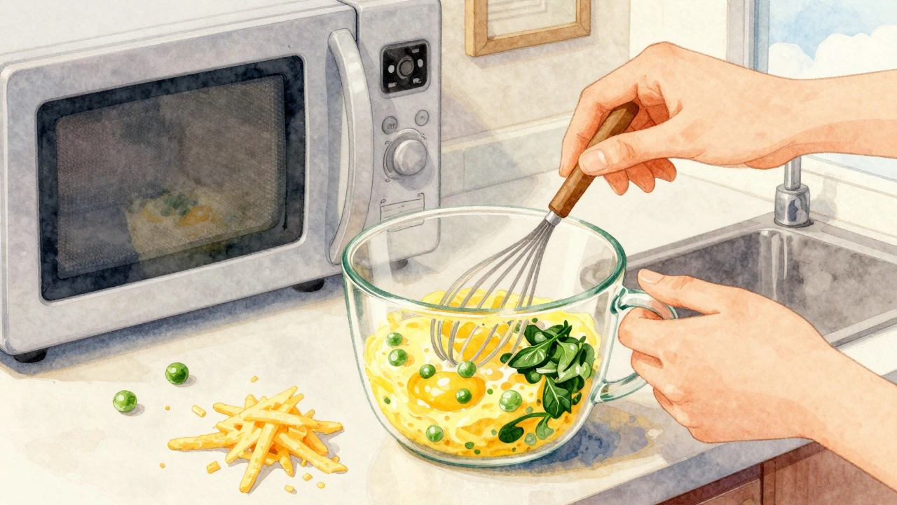Watercolor mug omelette with eggs, peas, spinach, and cheddar. Hand stirring in microwave-safe mug on kitchen counter.