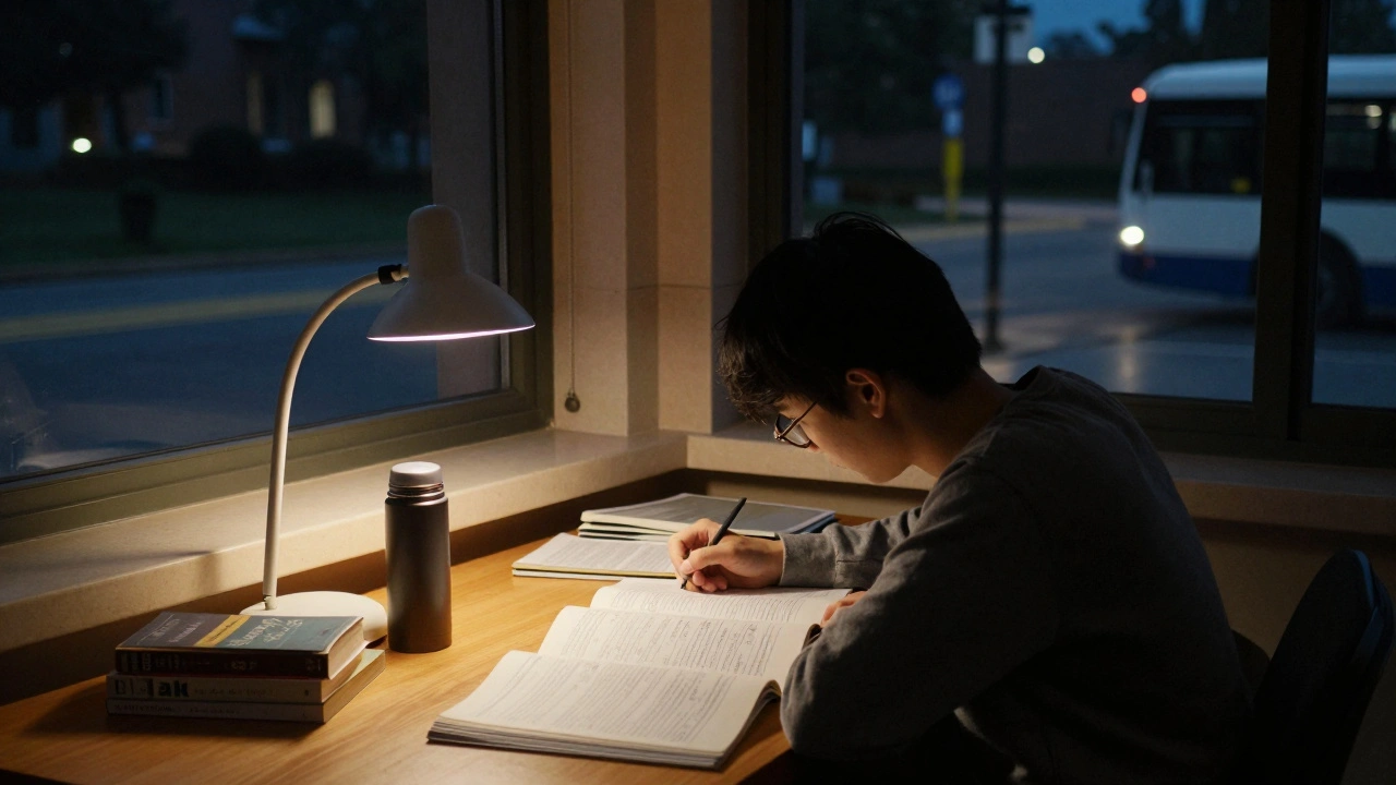 A commuter student studies late in the library as a bus departs outside.