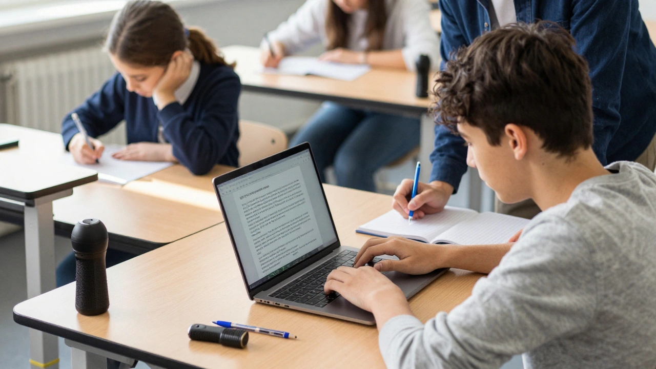 A dyspraxic student types an essay while others write by hand, with adaptive tools on desk.