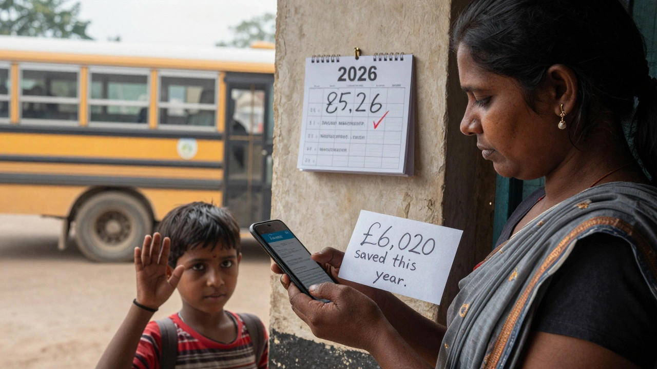 A family in India receives a large money transfer from a student in the UK, smiling at their phone.