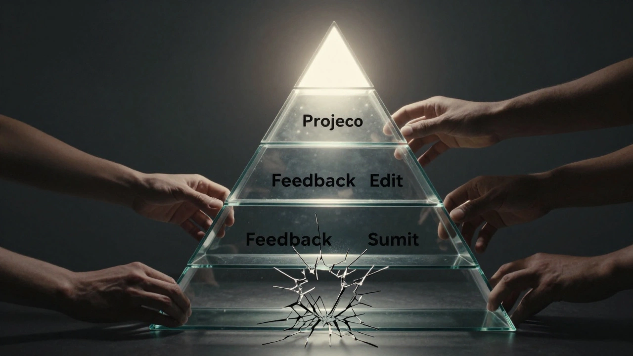 A glowing pyramid structure being reinforced by four hands, symbolizing structured group project roles preventing collapse.
