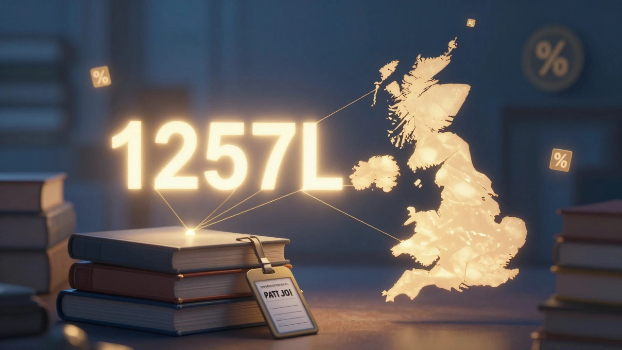 A glowing tax code hovering above student items, connected by golden threads to a UK map and pension symbol.