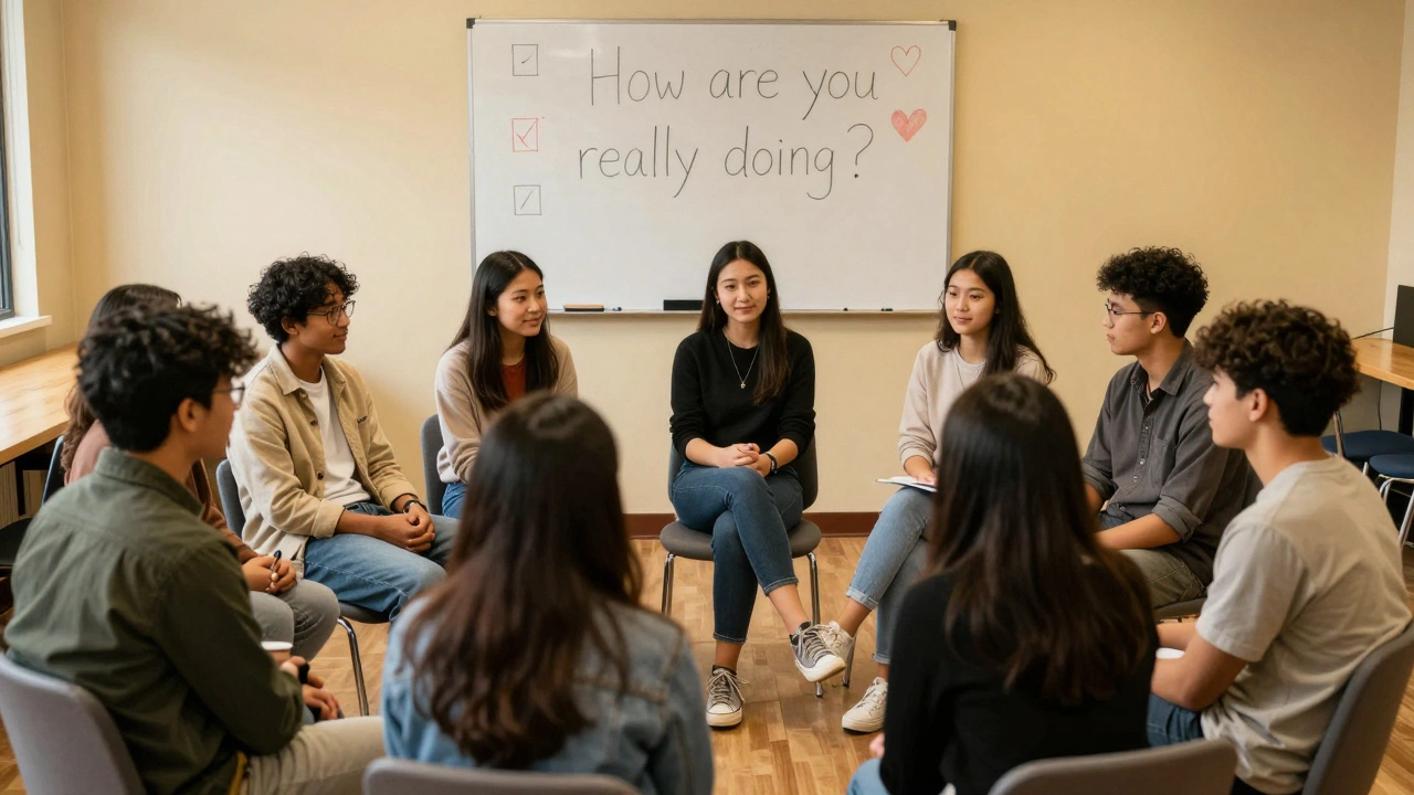A group of students in a warm campus lounge sharing stories in a supportive, alcohol-free peer circle.
