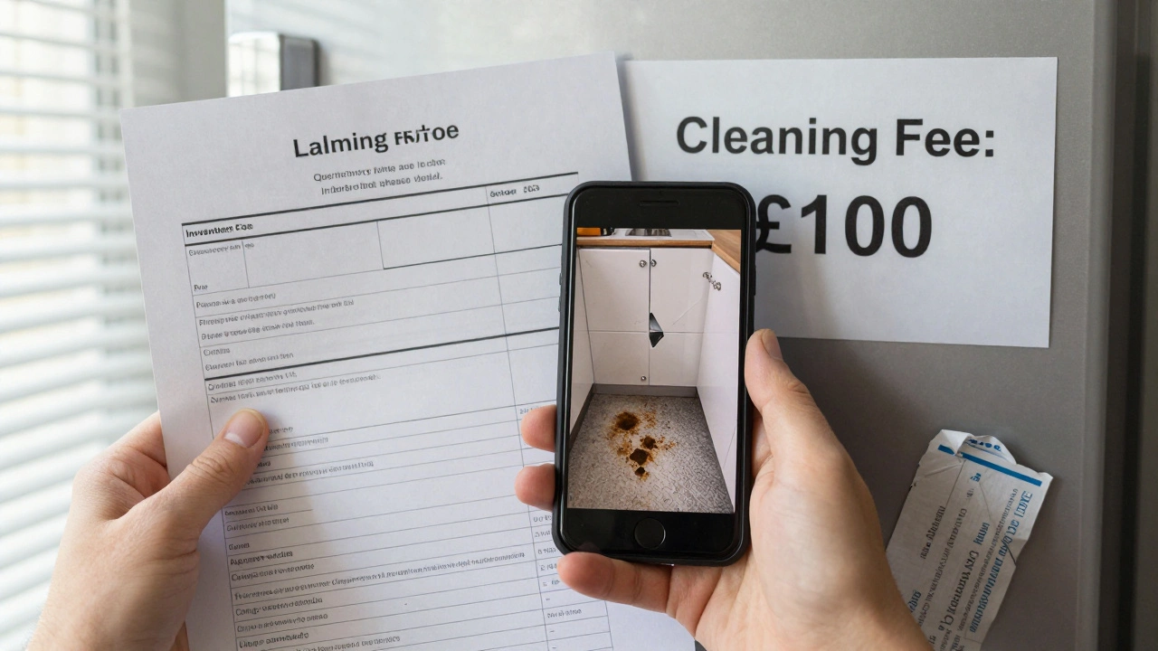 A hand holding a move-in checklist next to photos of property damage, confronting a cleaning fee notice.