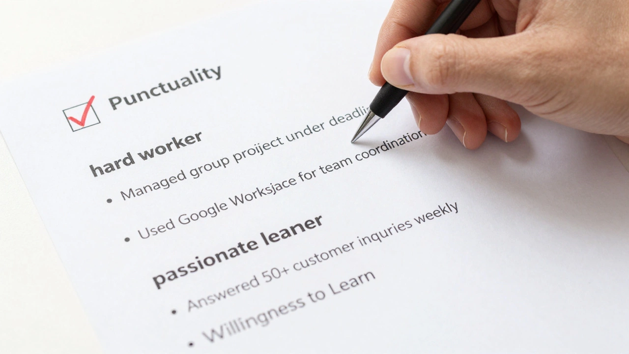 A hand revising a student CV by replacing generic phrases with specific skills and achievements.