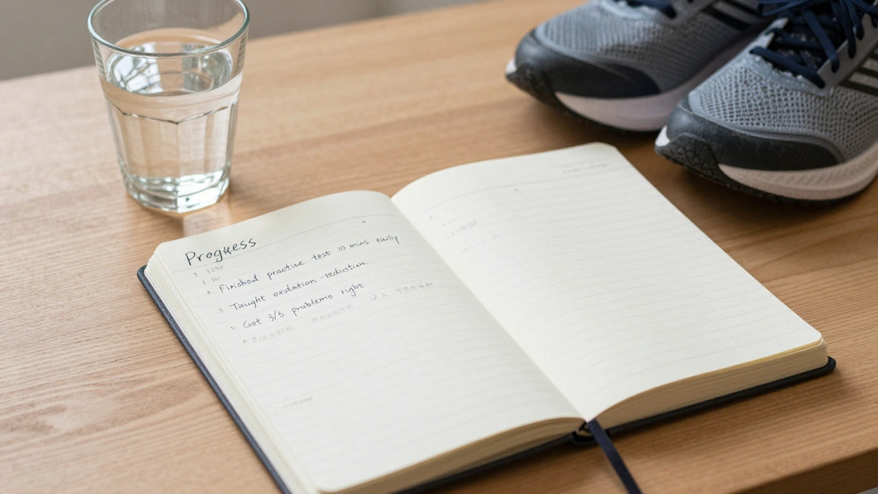 A handwritten journal shows weekly study progress with small achievements, beside a glass of water and running shoes.