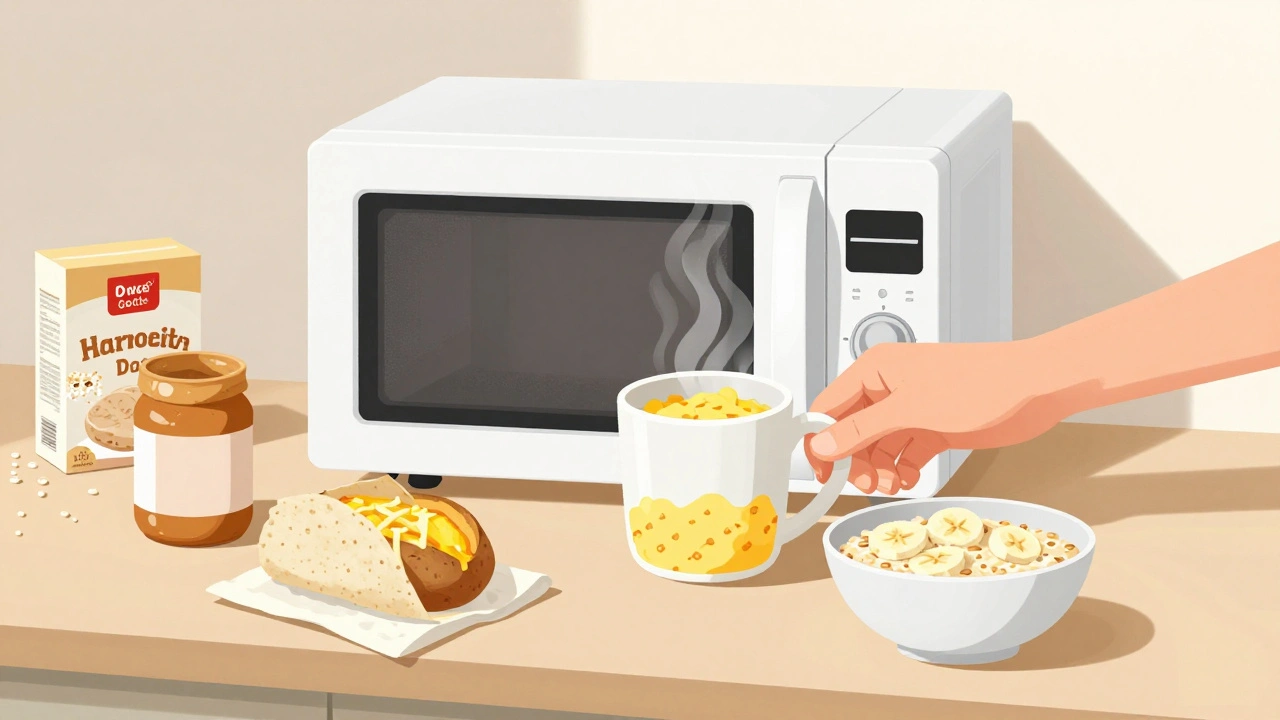A microwave heating scrambled eggs, a baked potato, and oatmeal in a student's flat kitchen.