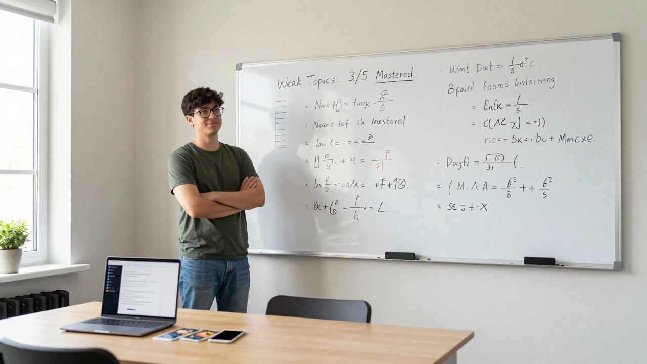 A person teaches concepts aloud to an empty room, standing before a whiteboard filled with math diagrams and study checklists.