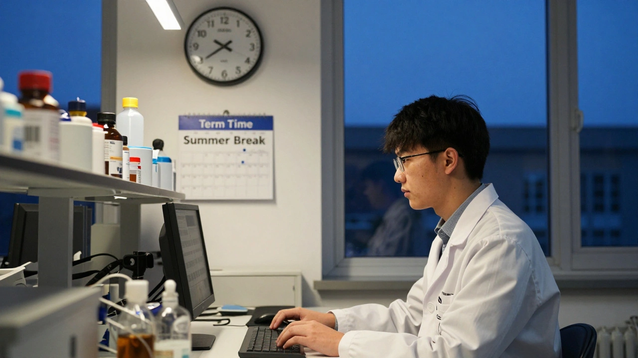 A PhD student working late in a university lab, clock showing late night hours.