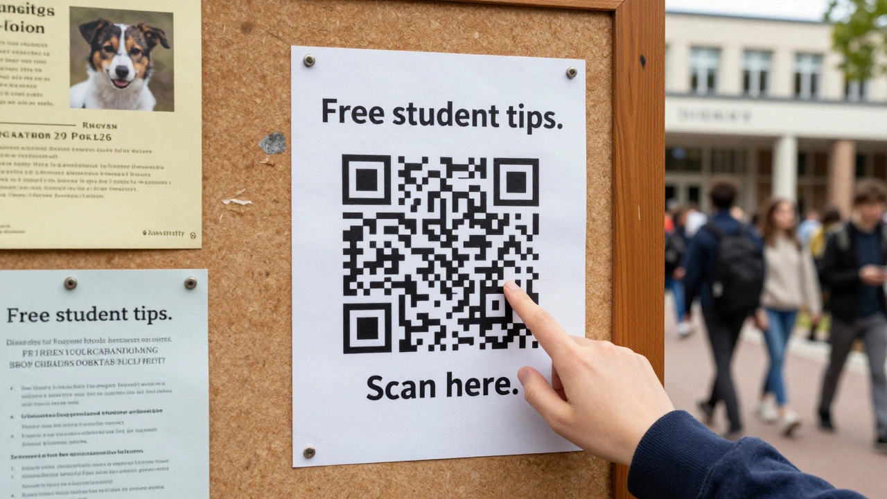 A QR code on a university notice board being scanned by a student, surrounded by typical campus flyers.