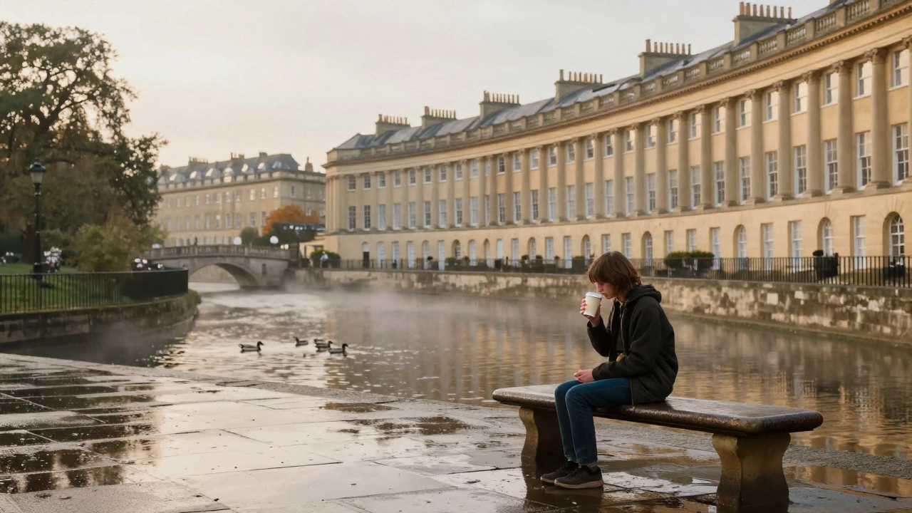 A quiet student sitting on a bench in Bath’s Royal Crescent, sipping coffee under soft afternoon light with Georgian architecture reflected in rain puddles.
