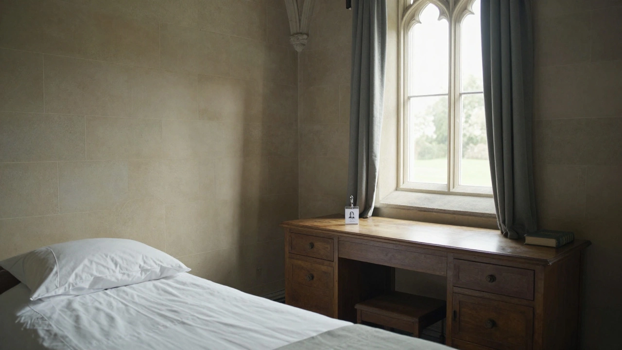 A quiet university guest house room with stone walls and student ID, during summer break.