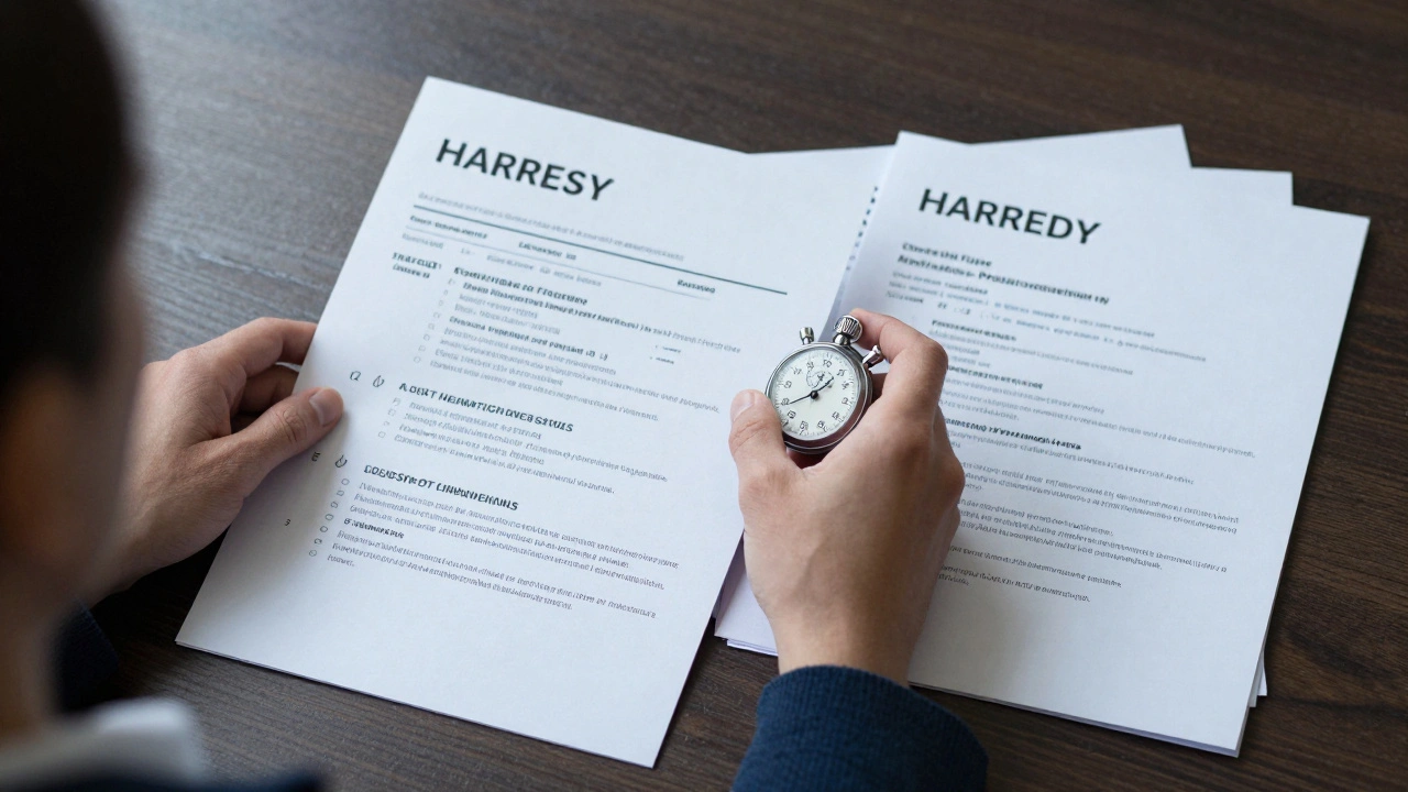 A recruiter scanning a two-page UK CV while discarded one-page resumes lie nearby