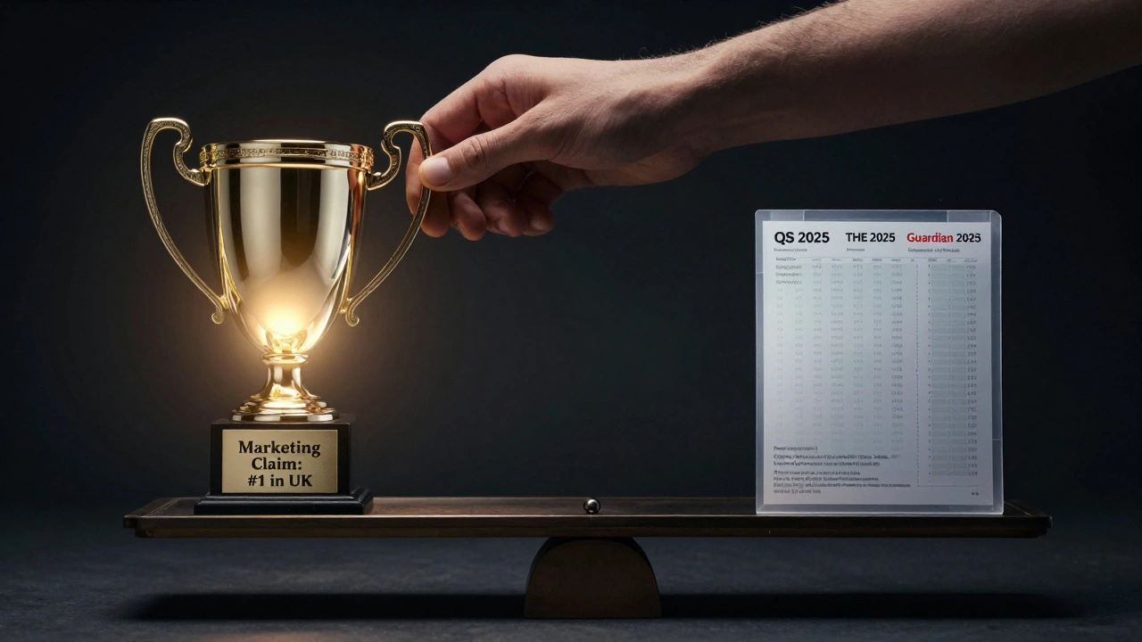 A scale balances a misleading trophy against transparent data sheets showing the true context behind a university's ranking claim.