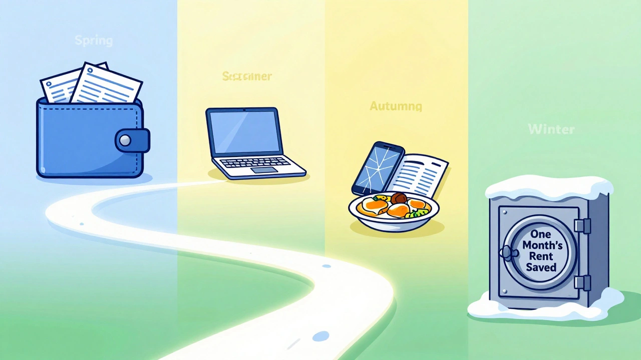 A seasonal path showing a student’s financial journey from aid checks to savings, with symbolic visuals for each season.