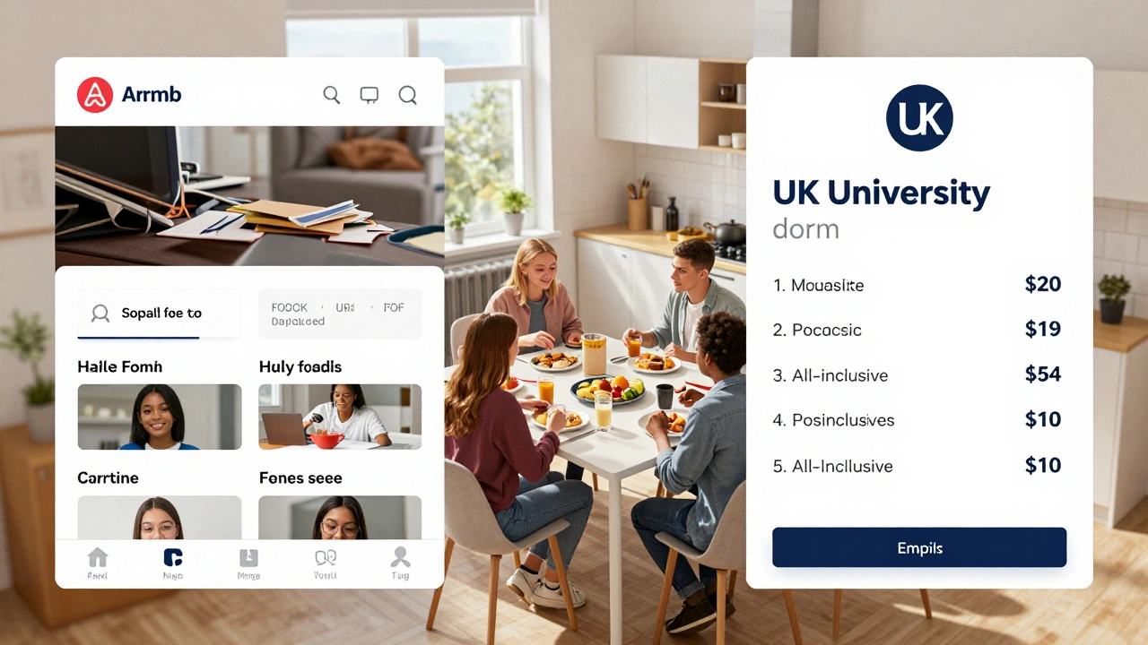 A side-by-side comparison of hidden Airbnb fees versus an all-inclusive university dorm confirmation.