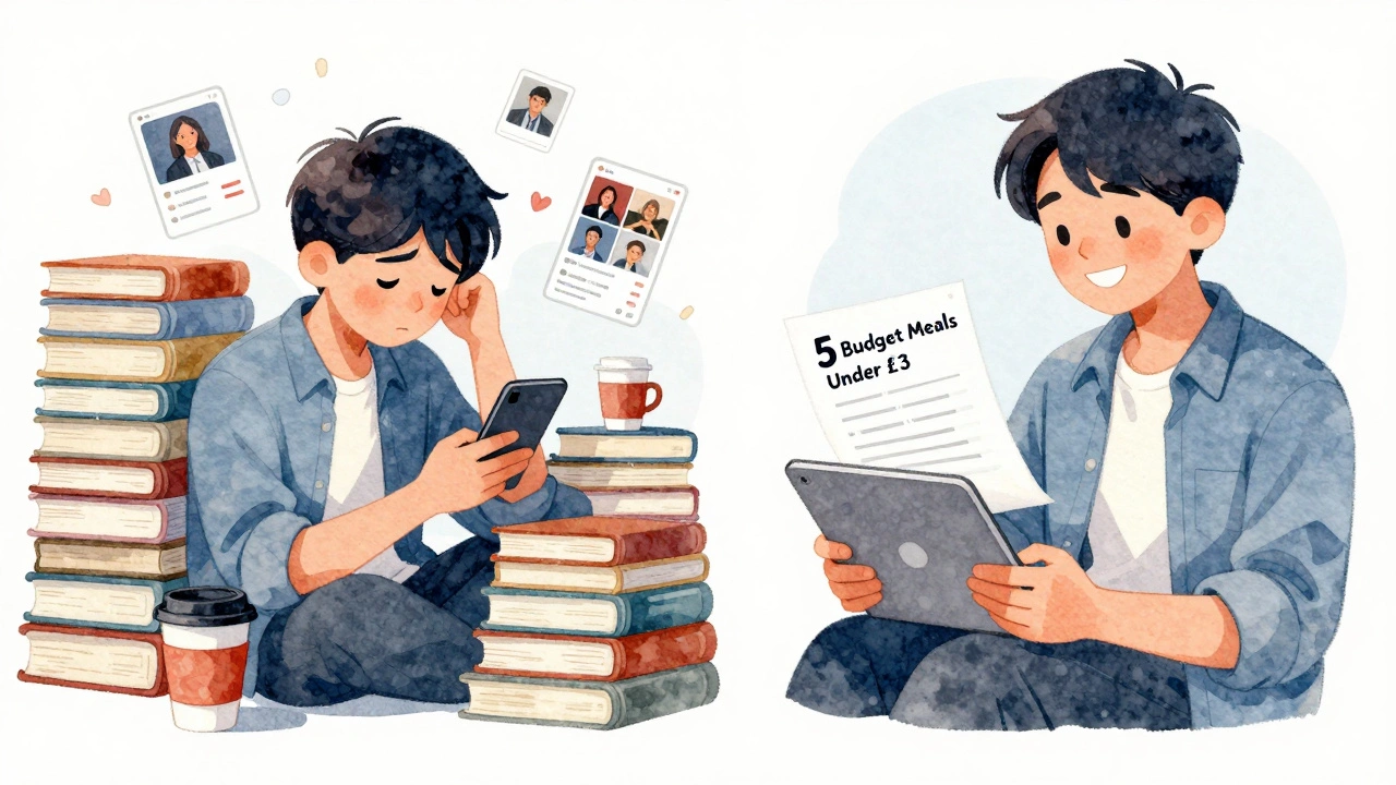 A split image contrasting a stressed student overwhelmed by social media with a calm one reading a helpful email checklist.