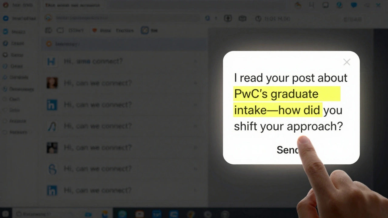 A split-screen showing generic LinkedIn messages fading away while a specific, well-researched message glows with potential.