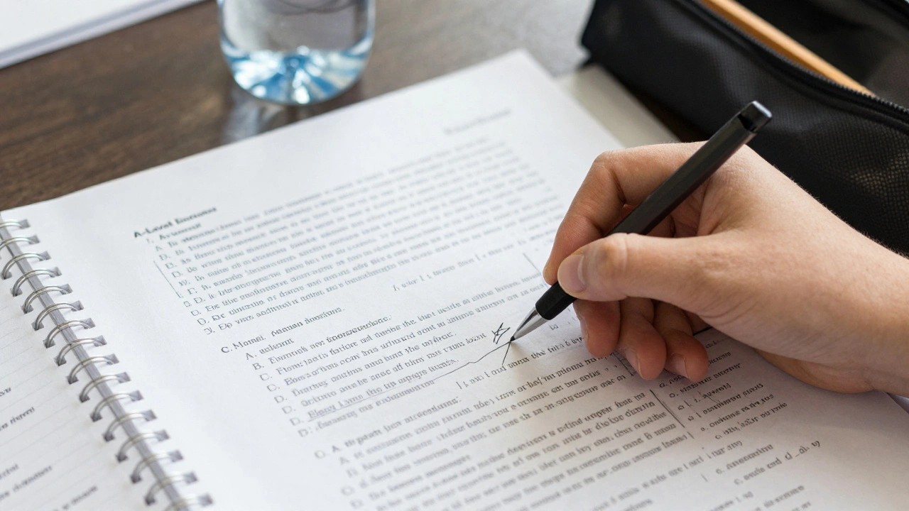 A student's hand underlining key words in an exam question with a handwritten essay outline nearby.