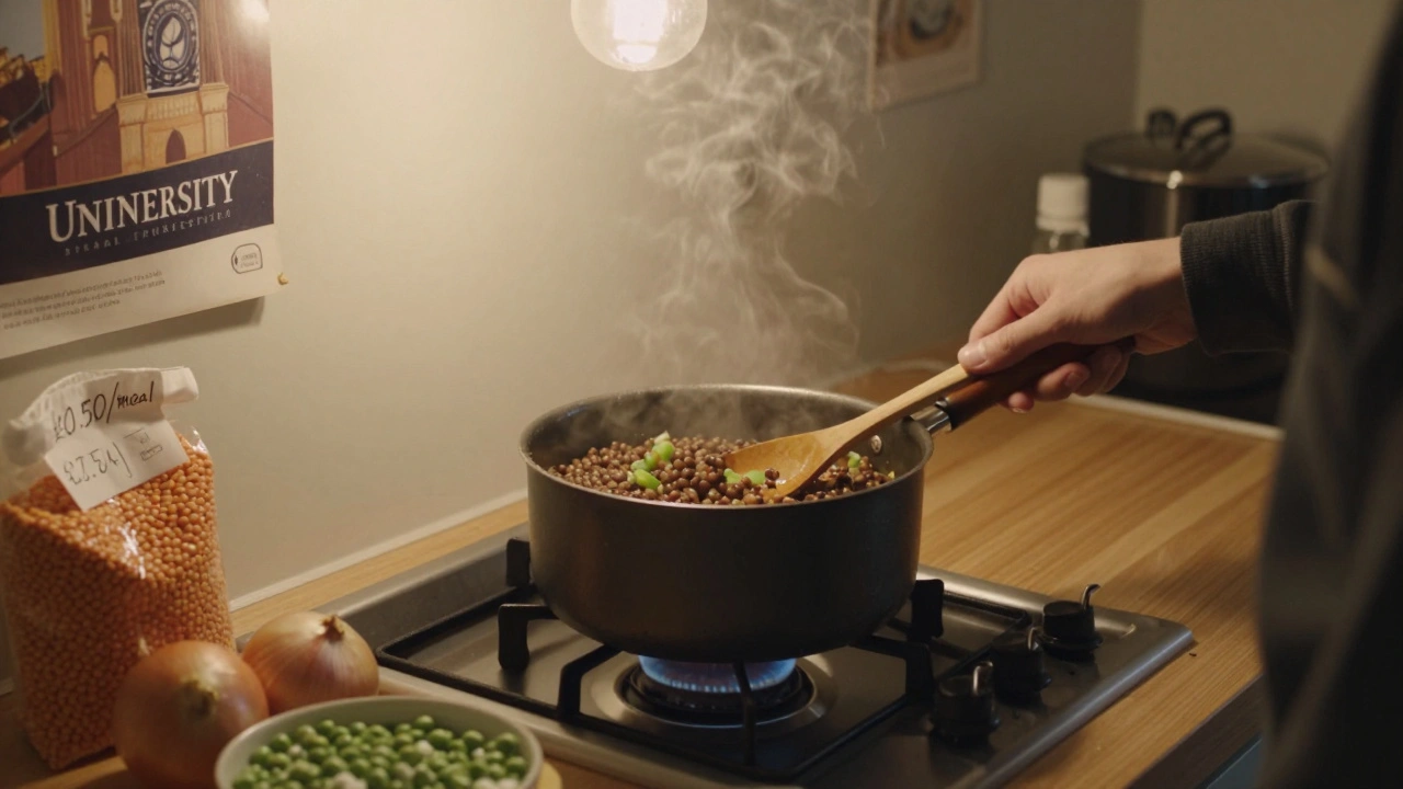 A student cooking lentil stew in a single pot on a small gas burner in a shared kitchen.