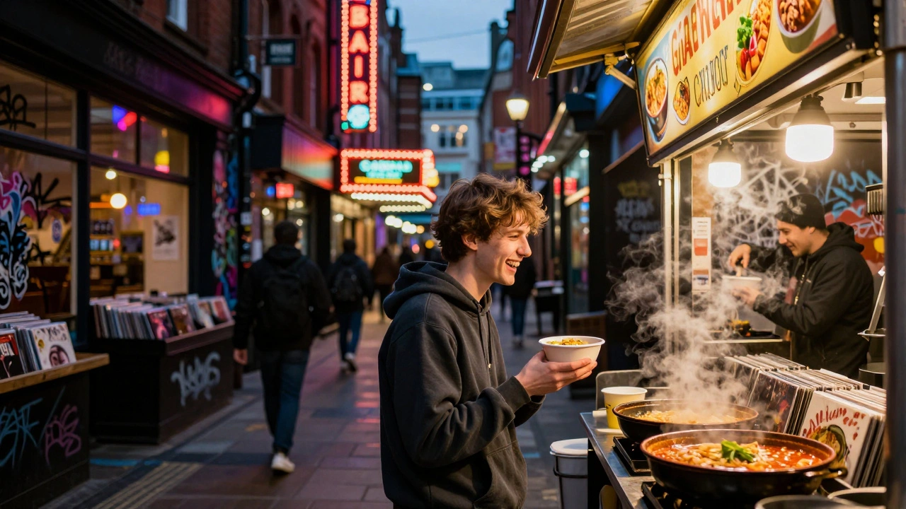 A student enjoying spicy ramen at a vibrant night market in Manchester’s Northern Quarter surrounded by neon lights and graffiti.